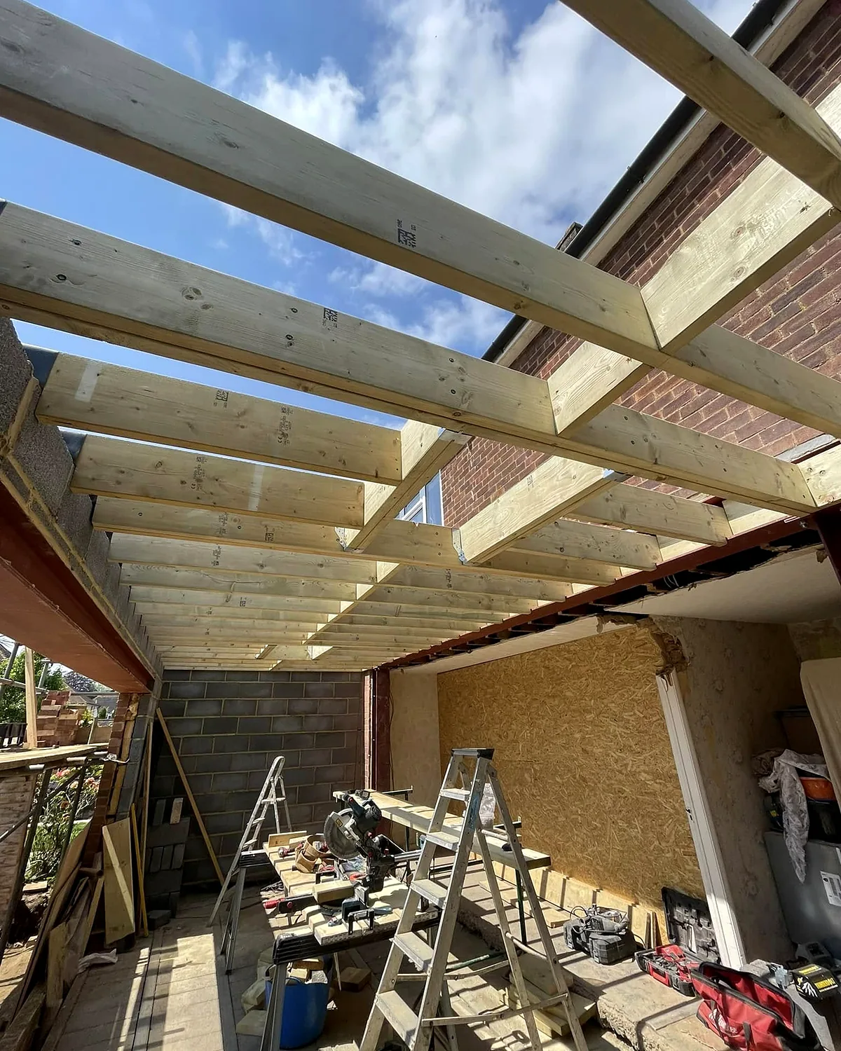 Flat roof joists going on